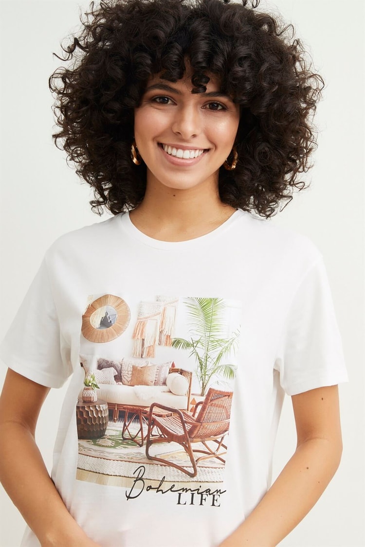 Ekru Baskılı Pamuk Kısa Kol T-ShirtST050S7114201