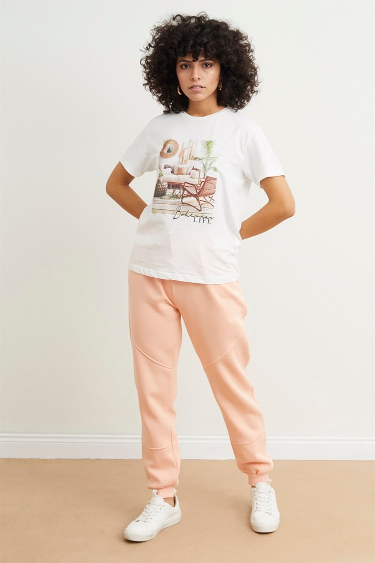 Ekru Baskılı Pamuk Kısa Kol T-ShirtST050S7114201