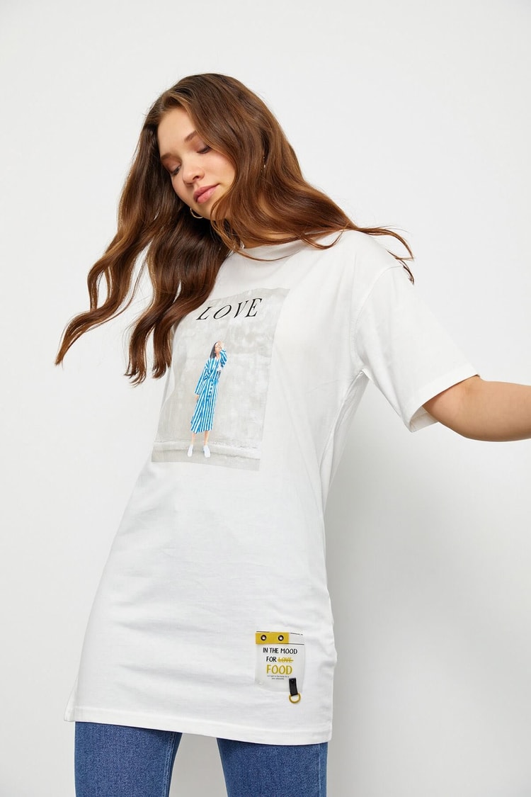 Ekru Baskılı Uzun T-ShirtST060S71183006