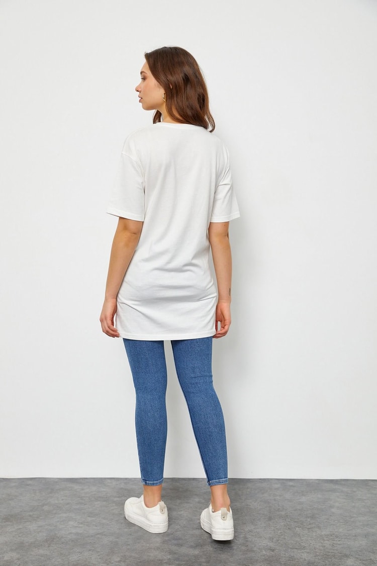Ekru Baskılı Uzun T-ShirtST060S71183006