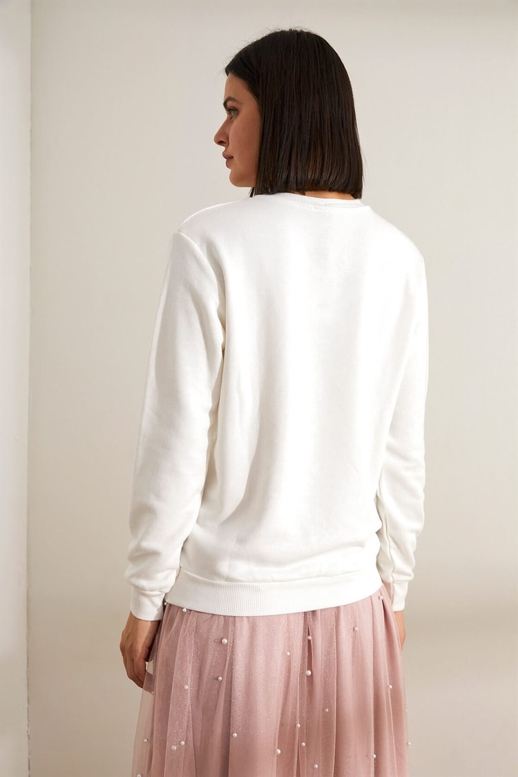 Ekru Basklı İncili SweatshirtST050W7205103