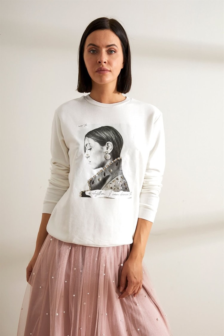 Ekru Basklı İncili SweatshirtST050W7205103