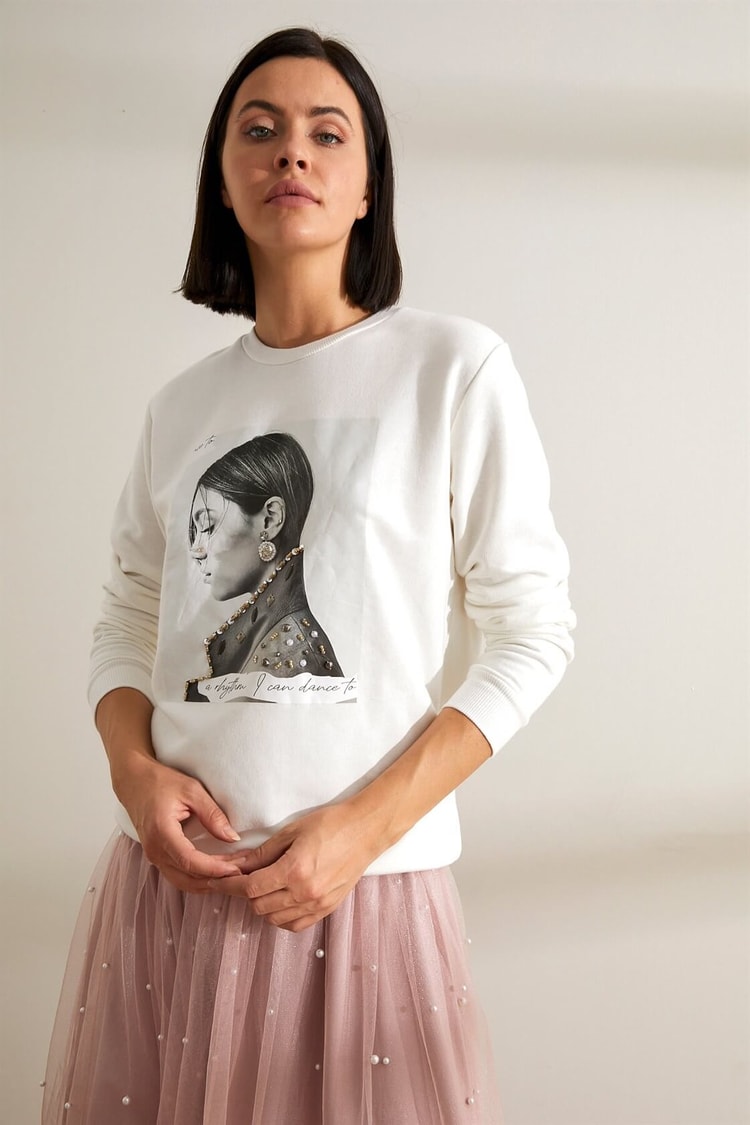 Ekru Basklı İncili SweatshirtST050W7205103