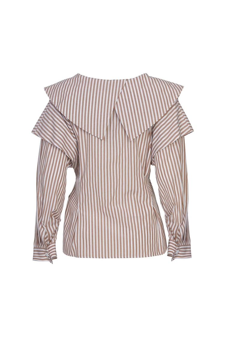 Ekru-Bej Yaka Uzun Kol V Yaka Çizgili Poplin GömlekST050S6507301