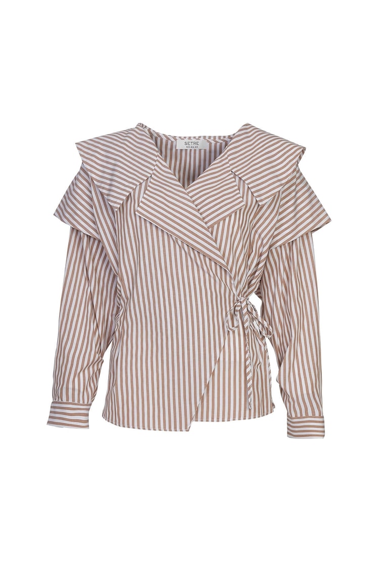 Ekru-Bej Yaka Uzun Kol V Yaka Çizgili Poplin GömlekST050S6507301