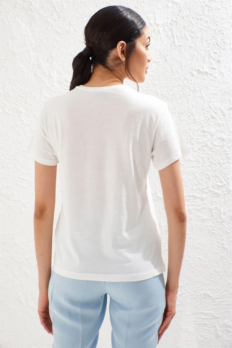 Ekru Bisiklet Yaka Baskılı Kısa Kol Pamuk T-ShirtST050S7112201