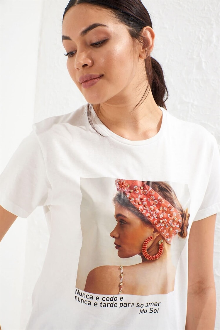 Ekru Bisiklet Yaka Baskılı Kısa Kol Pamuk T-ShirtST050S7112201