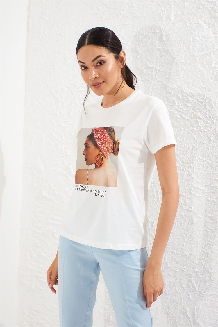 Ekru Bisiklet Yaka Baskılı Kısa Kol Pamuk T-ShirtST050S7112201