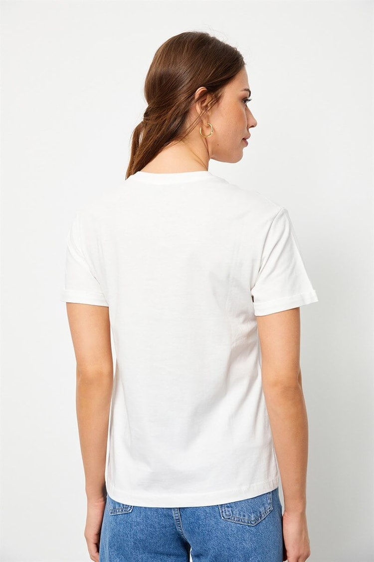 Ekru Bisiklet Yaka Baskılı Pamuk T-ShirtST060S71160012
