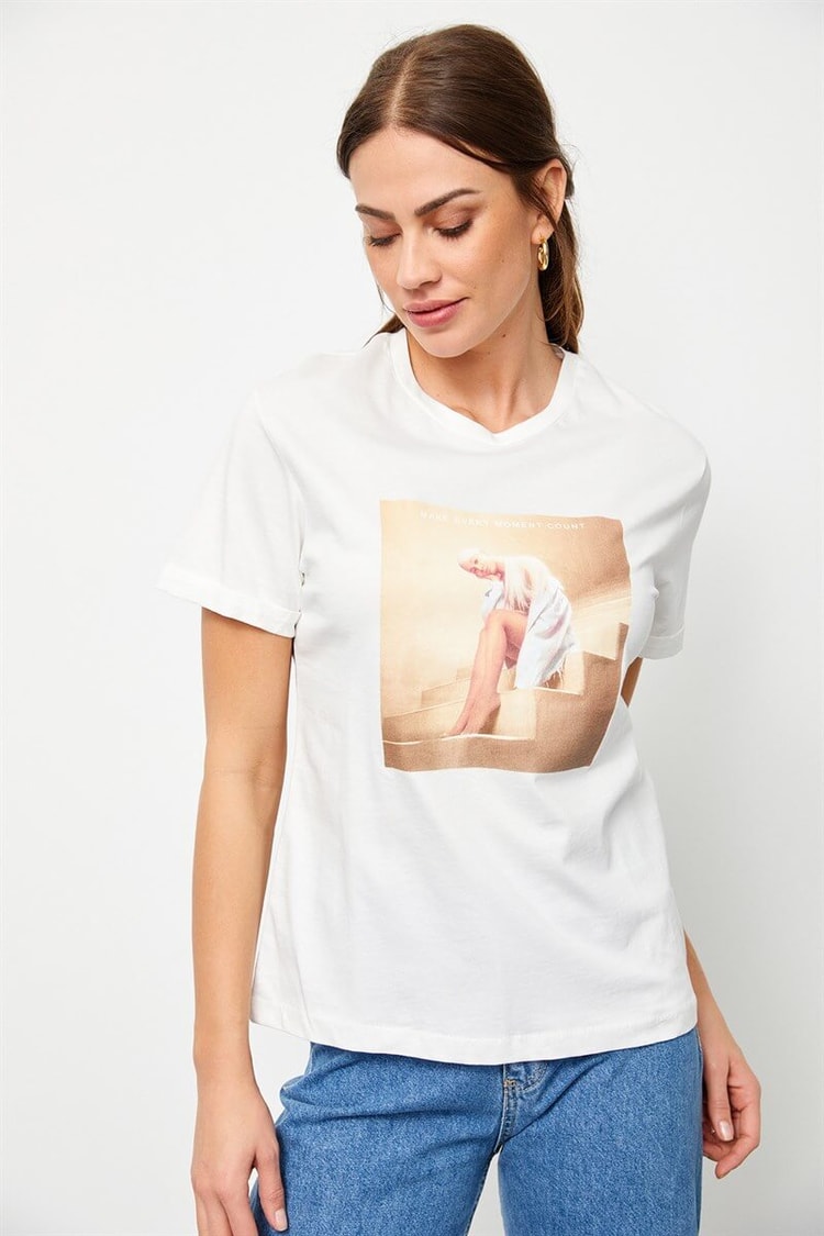 Ekru Bisiklet Yaka Baskılı Pamuk T-ShirtST060S71160012