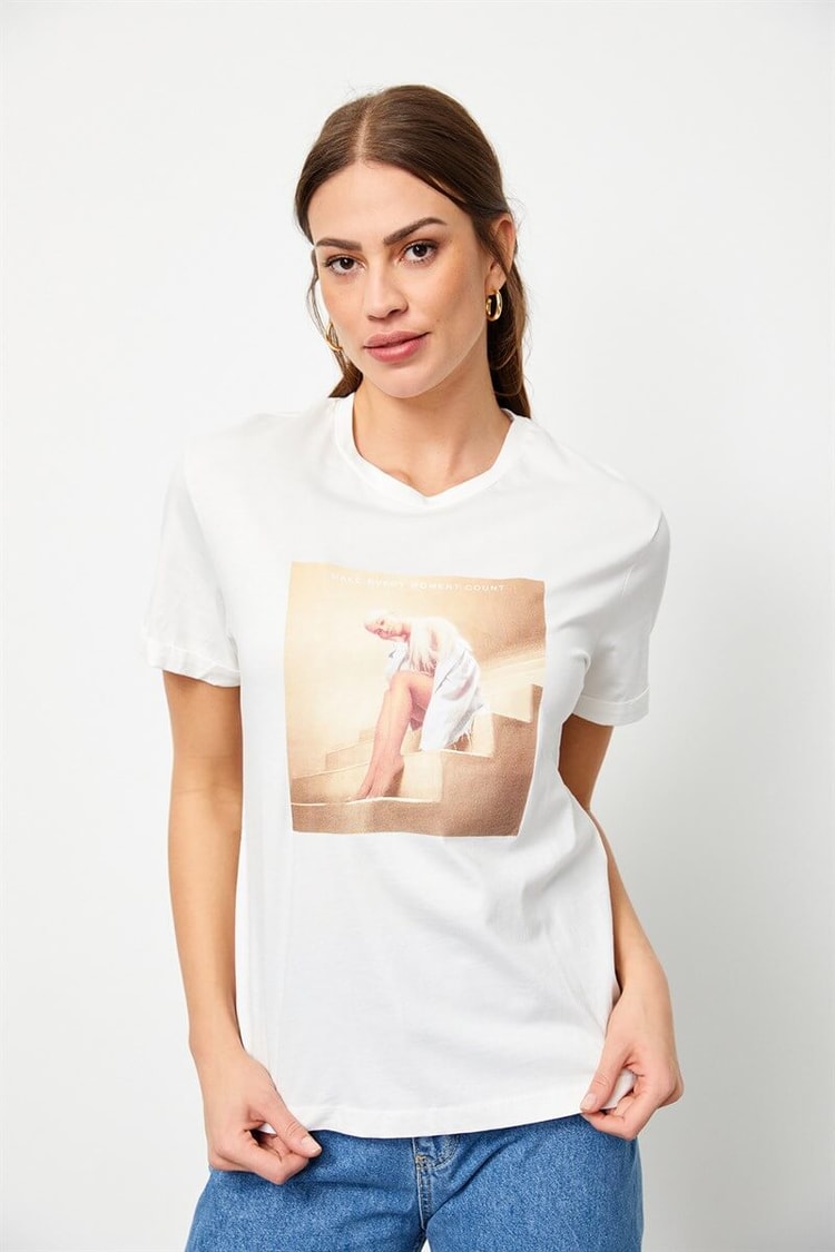 Ekru Bisiklet Yaka Baskılı Pamuk T-ShirtST060S71160012