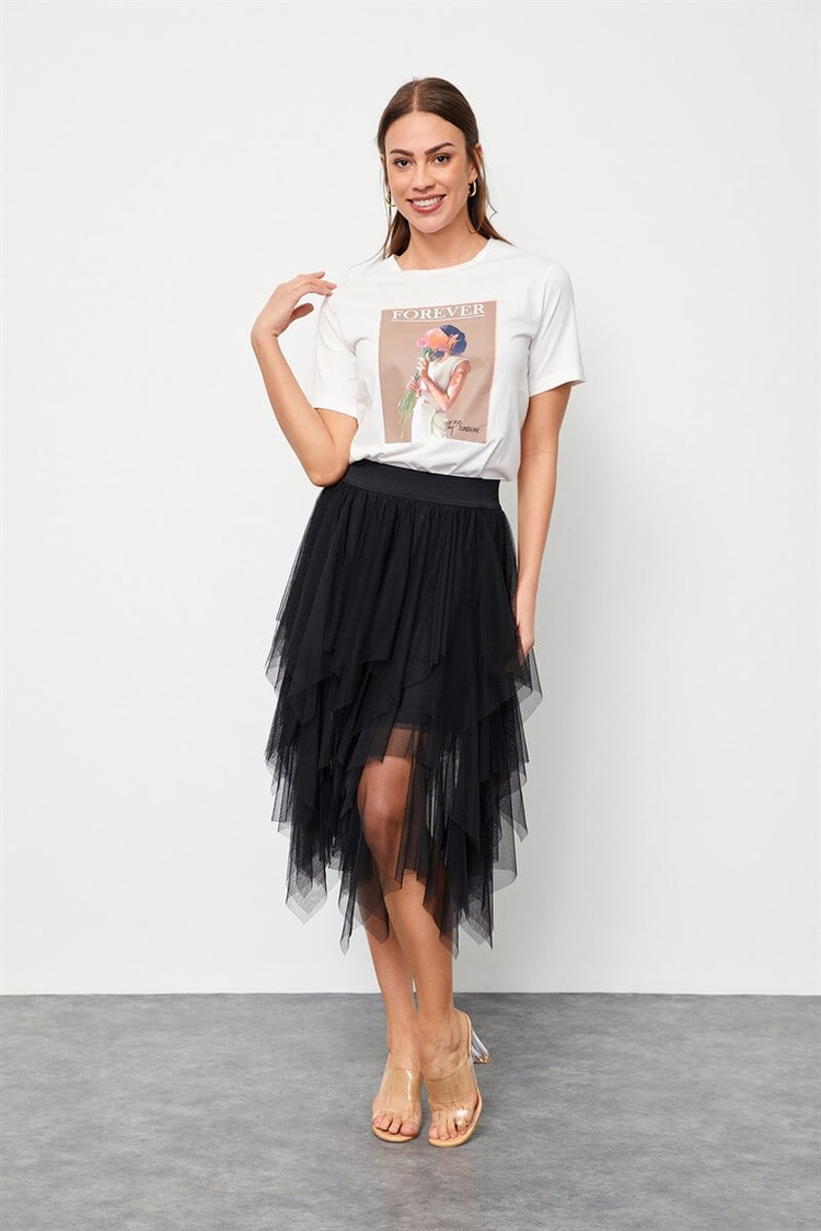 Ekru Bisiklet Yaka Baskılı Pamuk T-ShirtST060S71160013