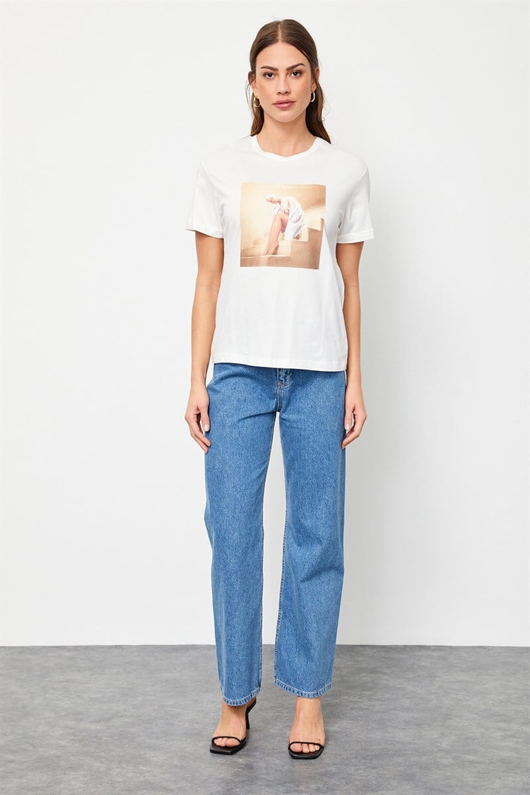 Ekru Bisiklet Yaka Baskılı Pamuk T-ShirtST060S71160012
