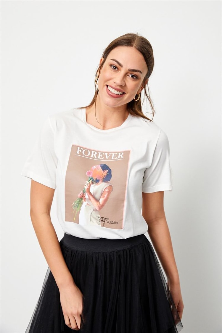 Ekru Bisiklet Yaka Baskılı Pamuk T-ShirtST060S71160013