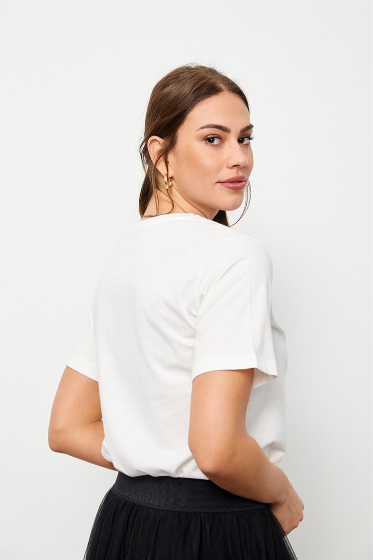 Ekru Bisiklet Yaka Baskılı Pamuk T-ShirtST060S71160013