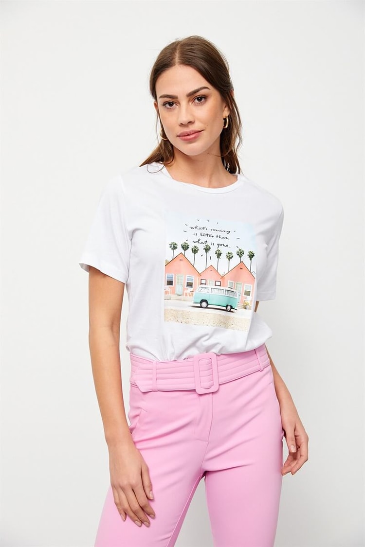 Ekru Bisiklet Yaka Baskılı Pamuk T-ShirtST060S71160003