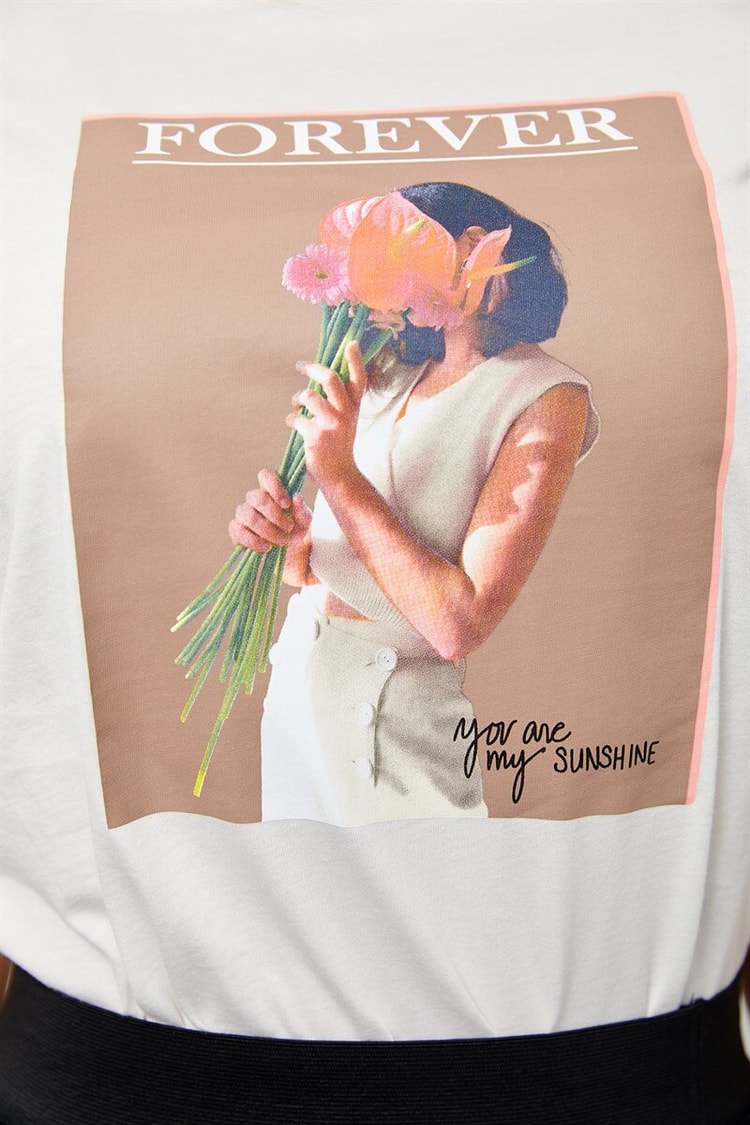 Ekru Bisiklet Yaka Baskılı Pamuk T-ShirtST060S71160013
