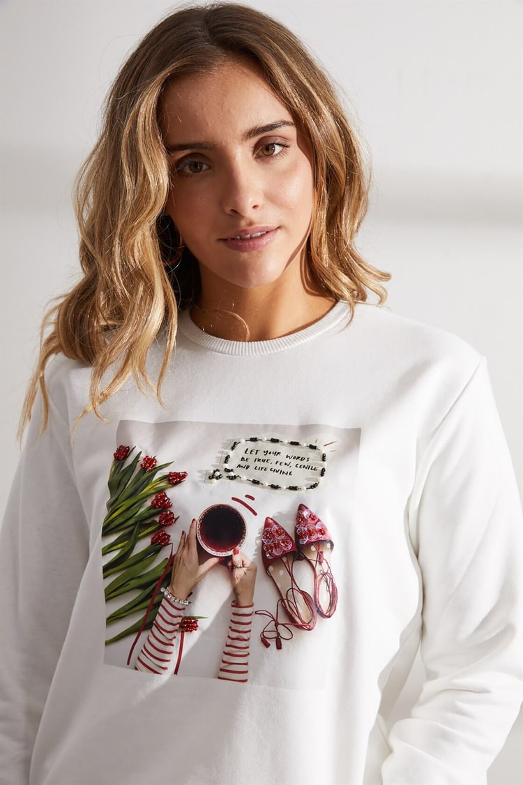 Ekru Bisiklet Yaka Baskılı SweatST060W7209201