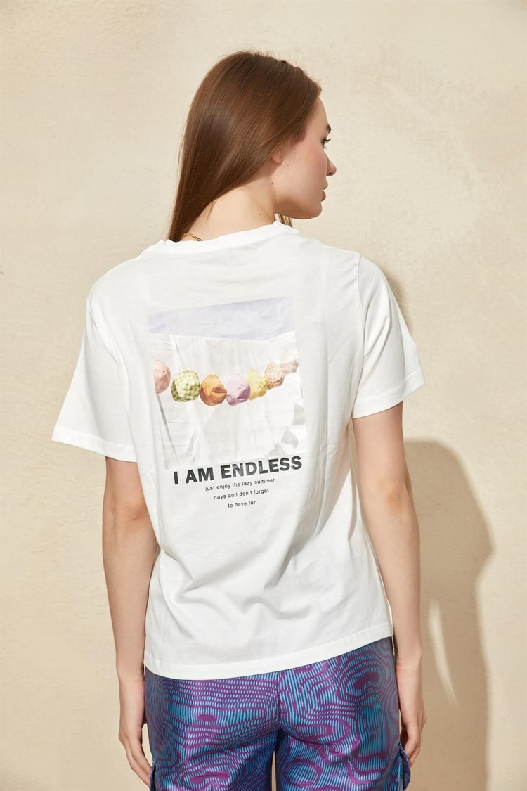 Ekru Bisiklet Yaka Baskılı T-ShirtST060S71251001