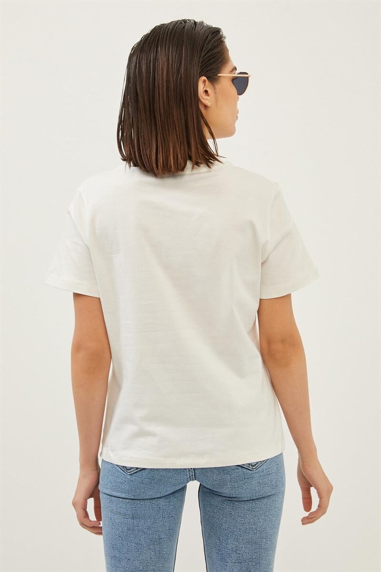 Ekru Bisiklet Yaka Baskılı T-ShirtST060S71263001