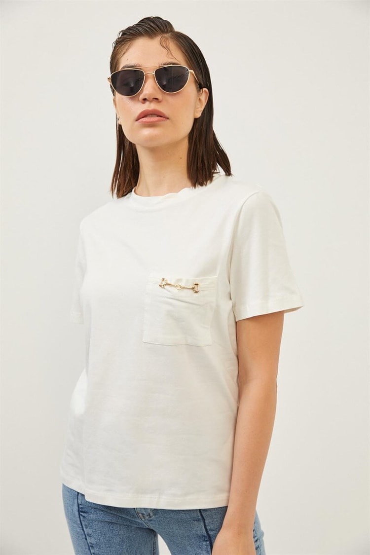 Ekru Bisiklet Yaka Baskılı T-ShirtST060S71263001