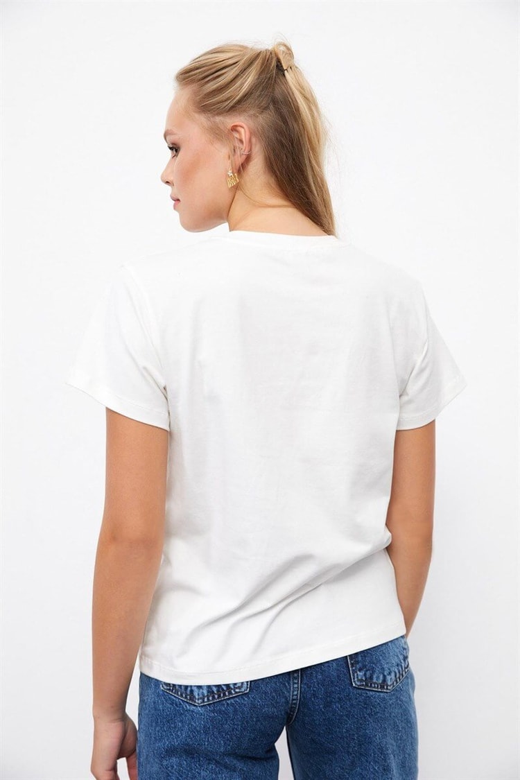 Ekru Bisiklet Yaka Baskılı T-ShirtST060W71212001