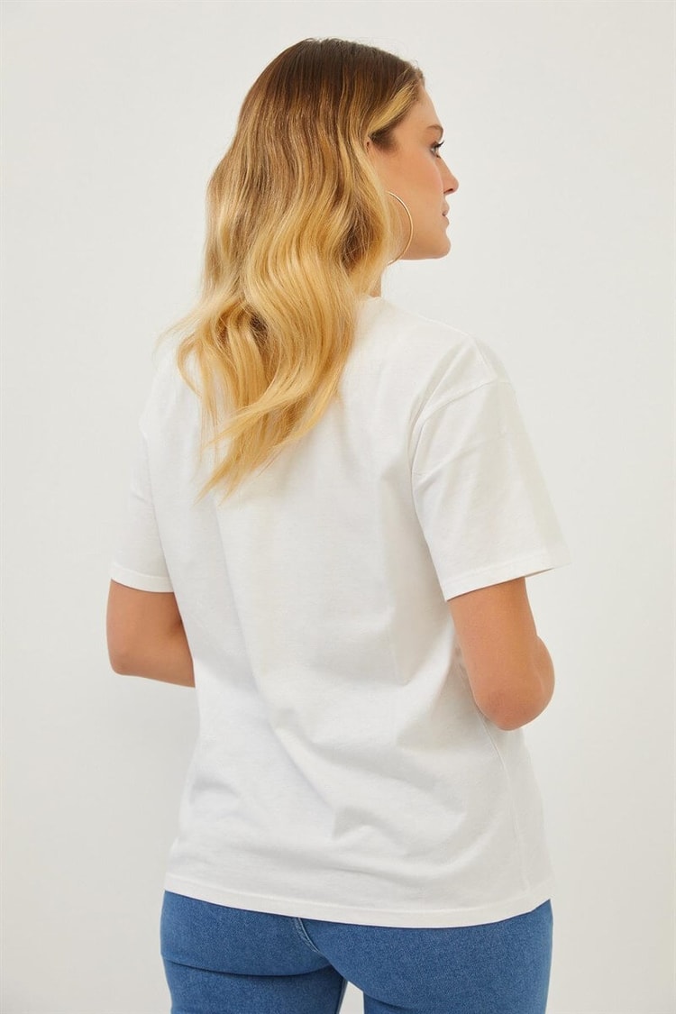 Ekru Bisiklet Yaka Baskılı T-ShirtST070S71283002