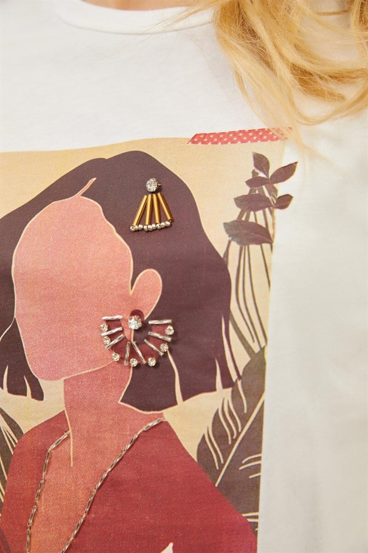 Ekru Bisiklet Yaka Baskılı T-ShirtST070S71286001