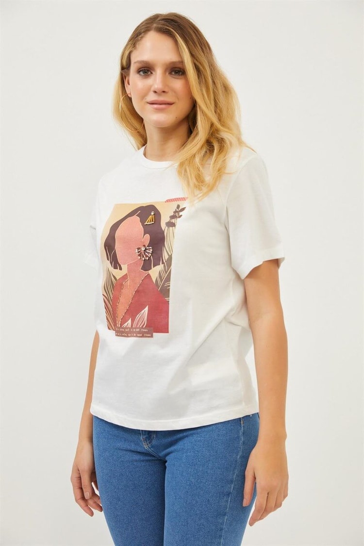 Ekru Bisiklet Yaka Baskılı T-ShirtST070S71286001