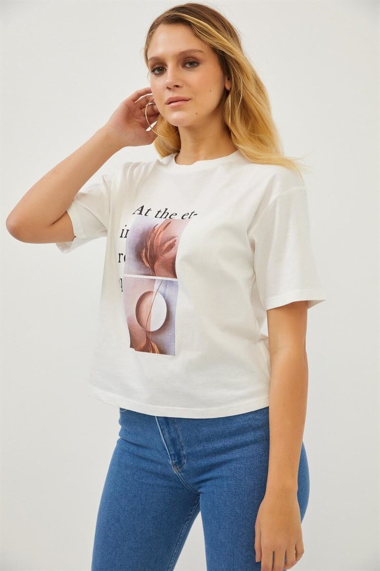 Ekru Bisiklet Yaka Baskılı T-ShirtST070S71283001