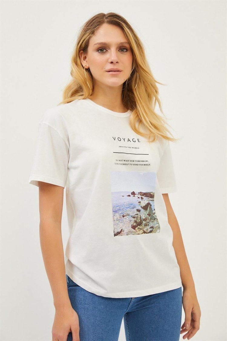 Ekru Bisiklet Yaka Baskılı T-ShirtST070S71283002