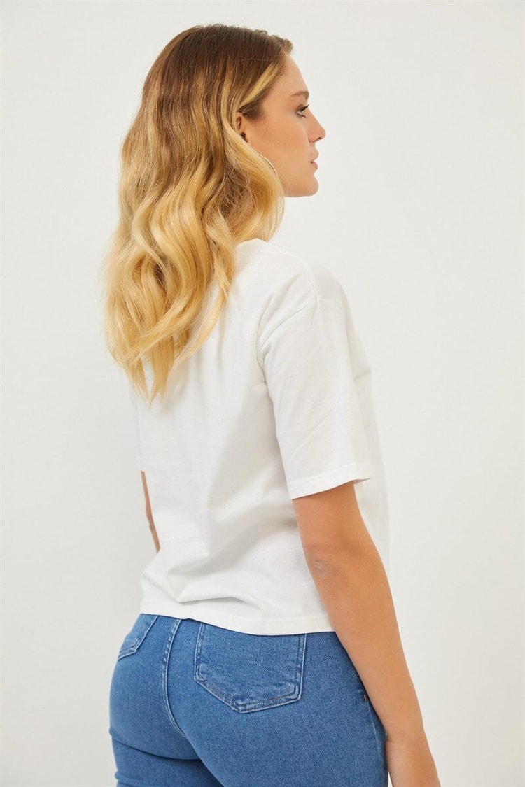 Ekru Bisiklet Yaka Baskılı T-ShirtST070S71283001