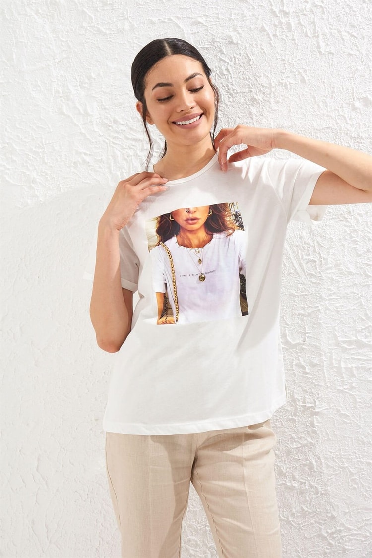 Ekru Bisiklet Yaka Kısa Kol Baskılı Pamuk T-ShirtST050S7112801