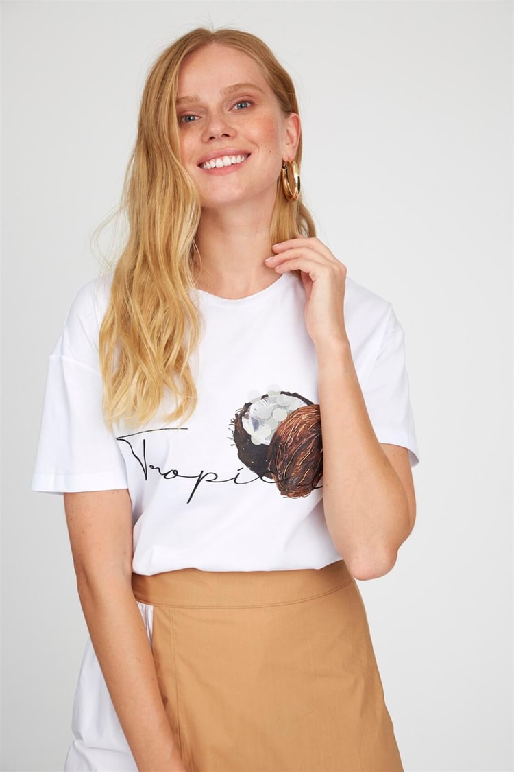 Ekru Bisiklet Yaka Kısa Kol Baskılı Pamuk T-ShirtST050S7108801