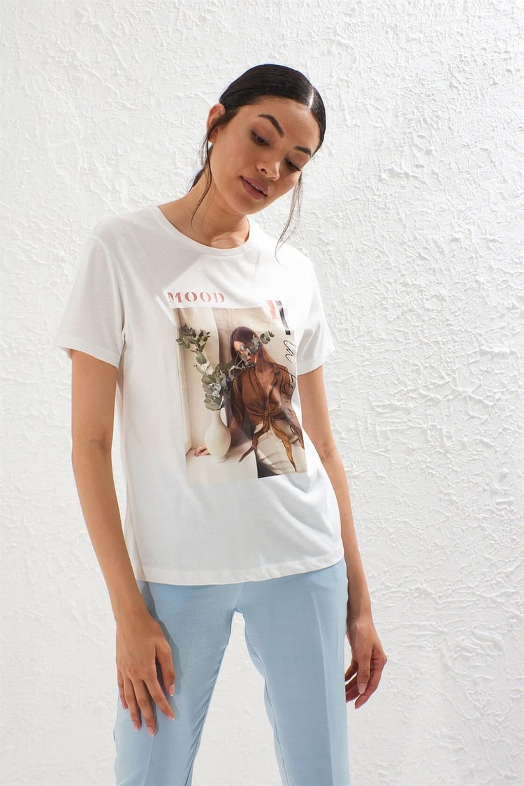 Ekru Bisiklet Yaka Kısa Kol Baskılı Pamuk T-ShirtST050S7115001