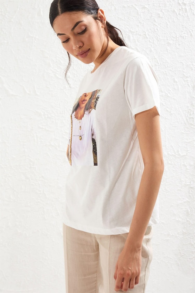 Ekru Bisiklet Yaka Kısa Kol Baskılı Pamuk T-ShirtST050S7112801