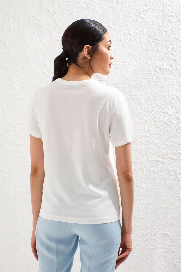 Ekru Bisiklet Yaka Kısa Kol Baskılı Pamuk T-ShirtST050S7115001