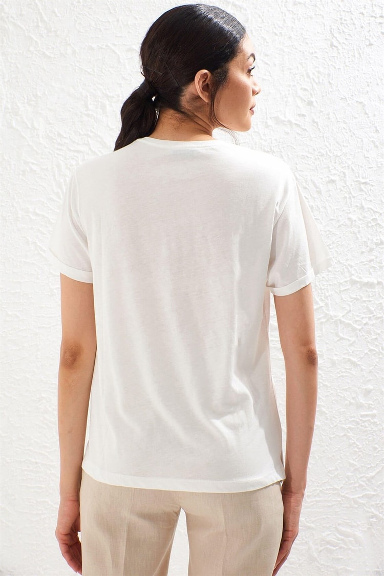 Ekru Bisiklet Yaka Kısa Kol Baskılı Pamuk T-ShirtST050S7112801