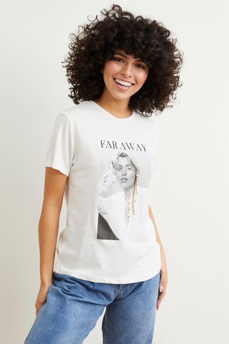 Ekru Bisiklet Yaka Kısa Kol Baskılı T-ShirtST050S7112101