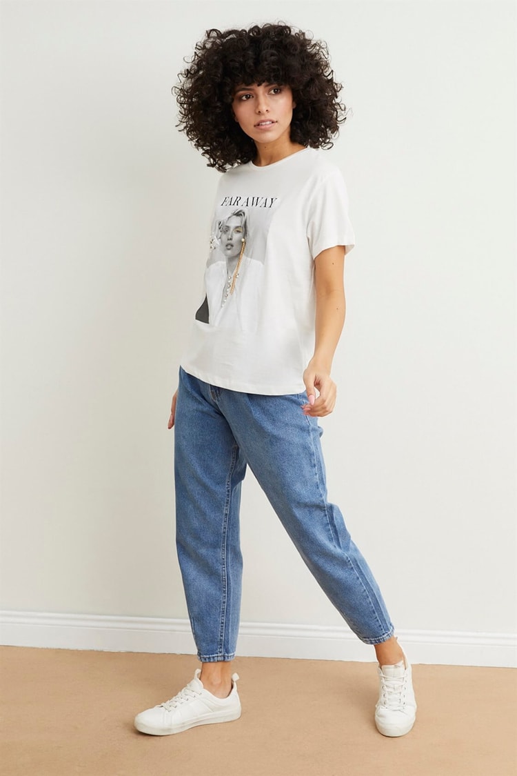 Ekru Bisiklet Yaka Kısa Kol Baskılı T-ShirtST050S7112101