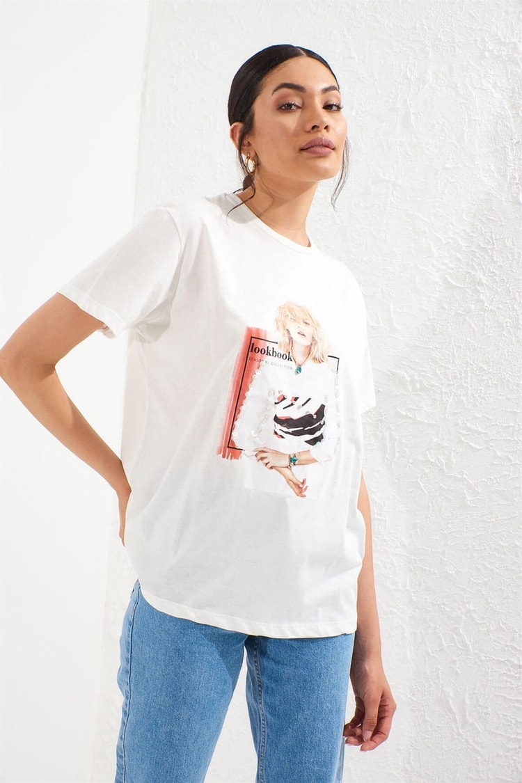 Ekru Bisiklet Yaka Kısa Kol Baskılı T-ShirtST050S7112806