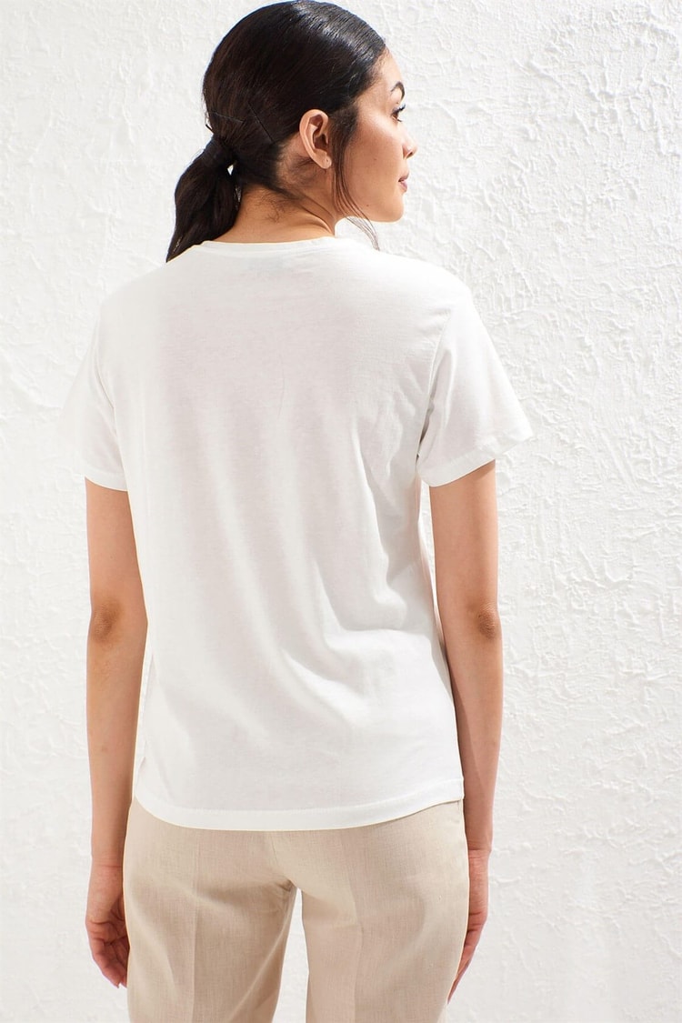 Ekru Bisiklet Yaka Kısa Kol Baskılı T-ShirtST050S7115102