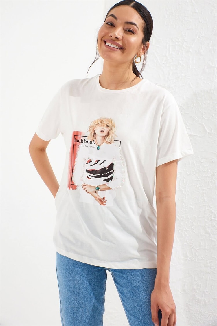 Ekru Bisiklet Yaka Kısa Kol Baskılı T-ShirtST050S7112806