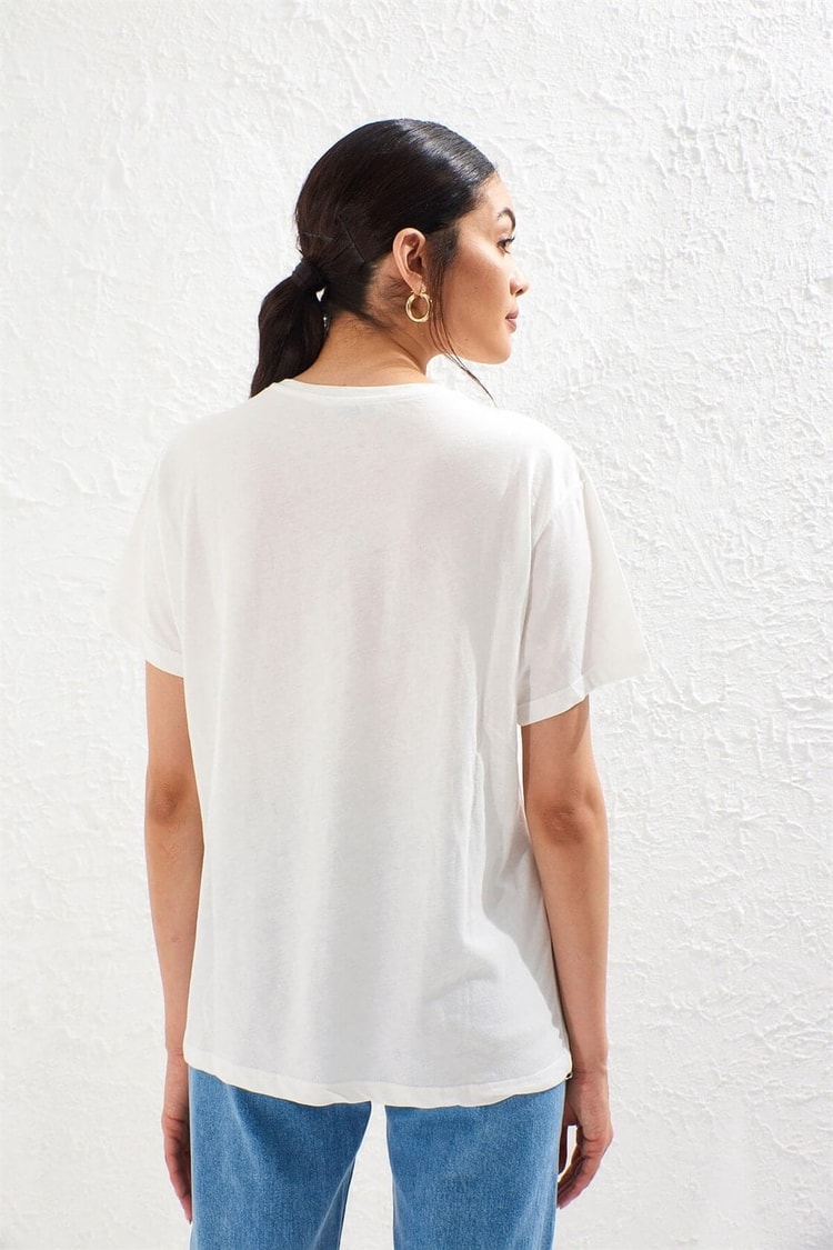 Ekru Bisiklet Yaka Kısa Kol Baskılı T-ShirtST050S7112806