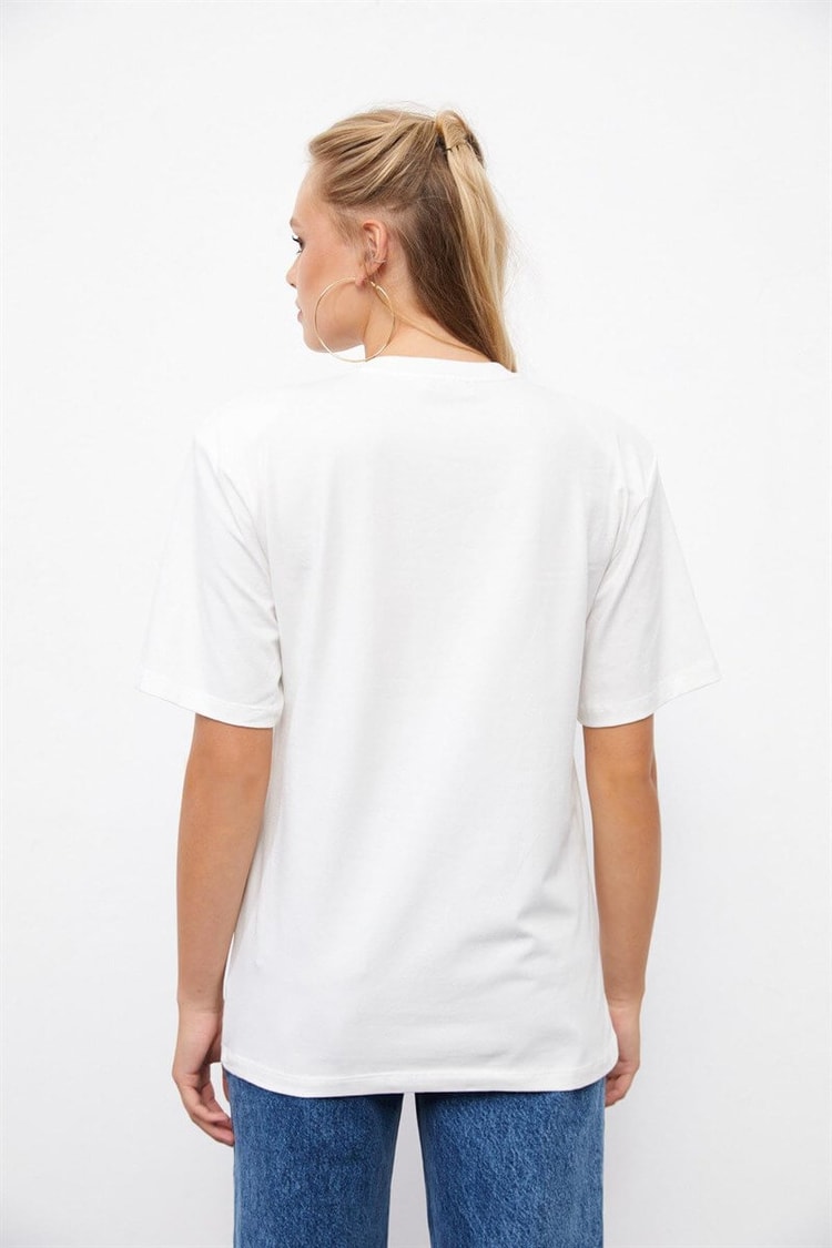 Ekru Bisiklet Yaka Vatkalı T-ShirtST060W71239001