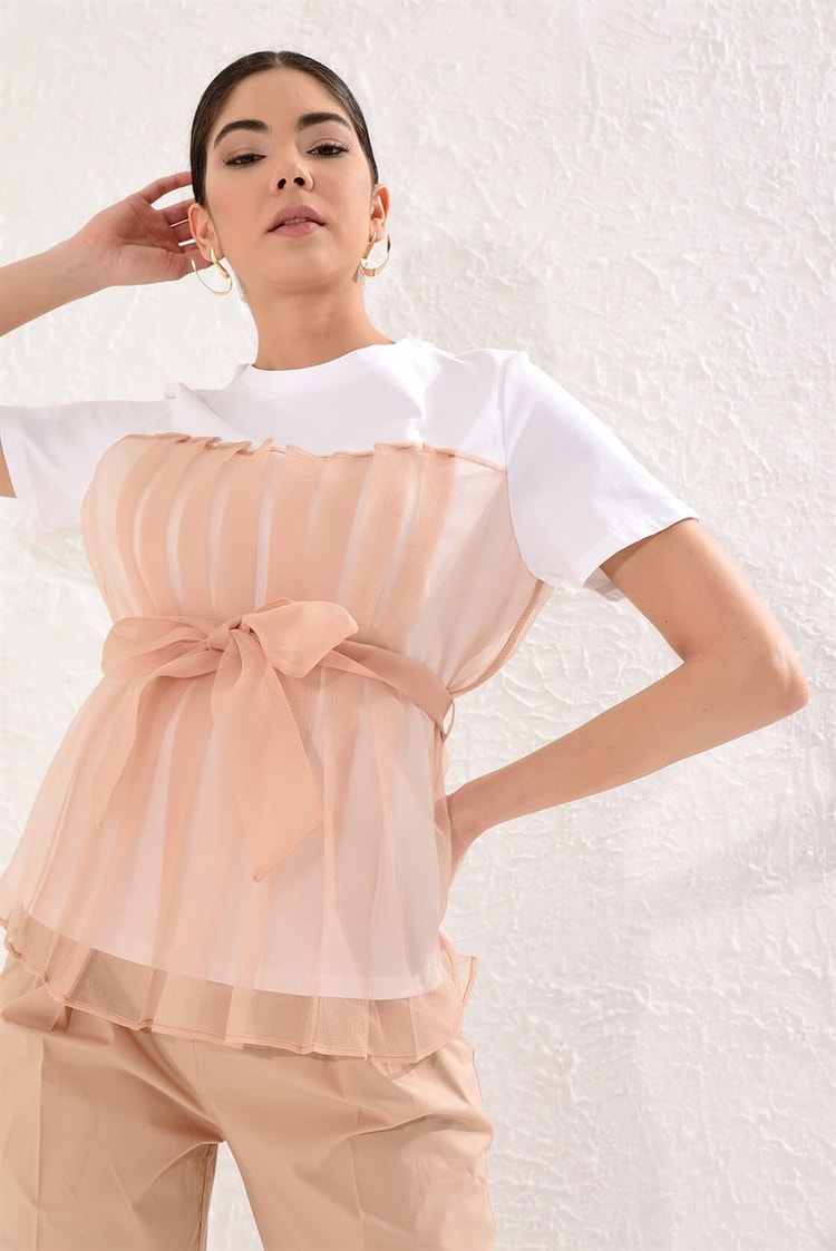 Ekru-Camel Tül Detaylı Kuşaklı Kısa Kol Pamuk T -ShirtST050S7109401