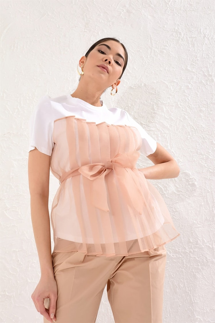 Ekru-Camel Tül Detaylı Kuşaklı Kısa Kol Pamuk T -ShirtST050S7109401