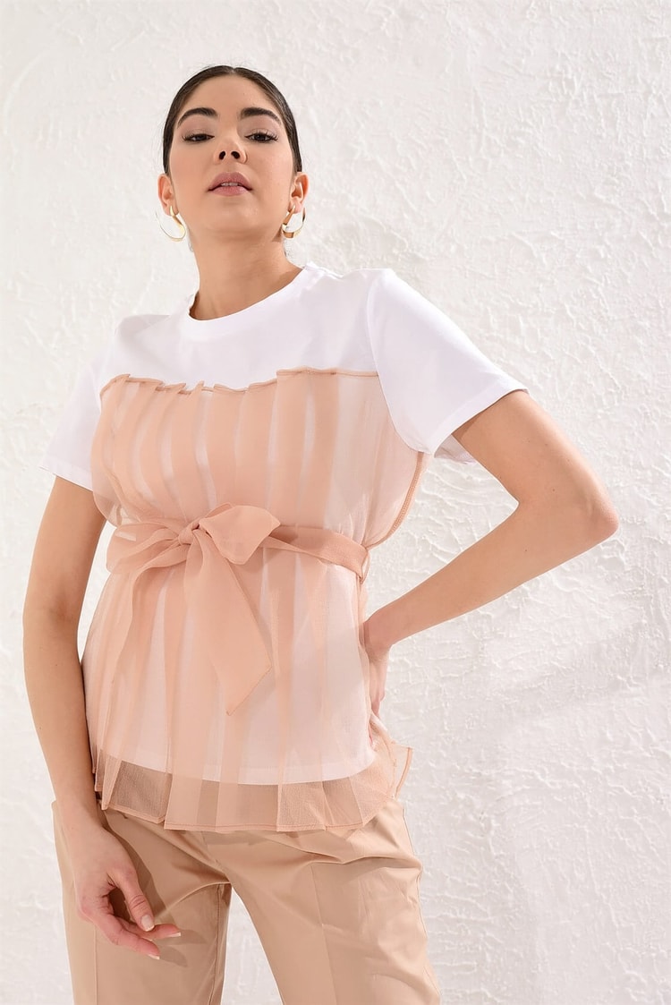 Ekru-Camel Tül Detaylı Kuşaklı Kısa Kol Pamuk T -ShirtST050S7109401