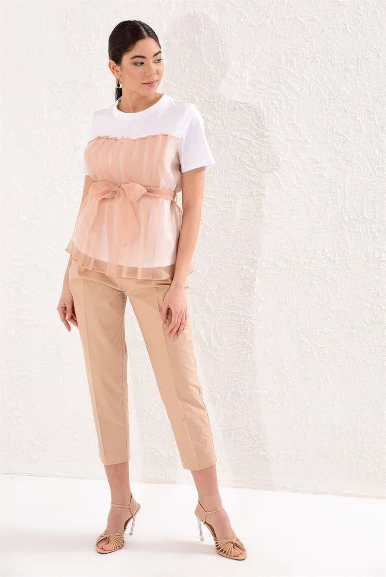 Ekru-Camel Tül Detaylı Kuşaklı Kısa Kol Pamuk T -ShirtST050S7109401