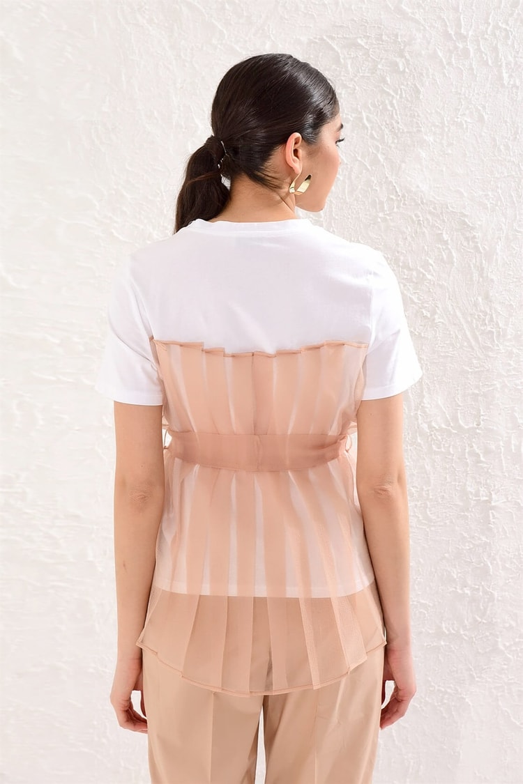 Ekru-Camel Tül Detaylı Kuşaklı Kısa Kol Pamuk T -ShirtST050S7109401